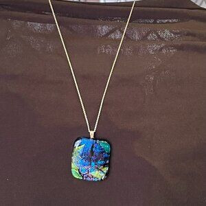 Blue & Green Dichroic Glass Pendant • 18” Italian 925 Sterling Silver Chain